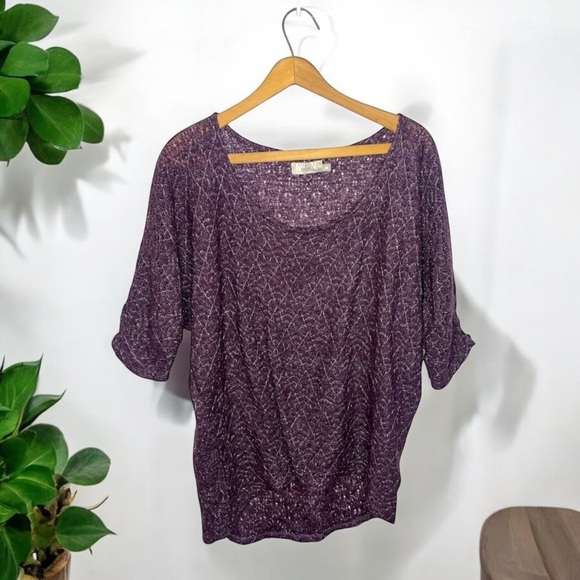 NATION LTD Pointelle Knit Metallic Weave Ruched Sleeve Layering Top - Picture 9 of 9